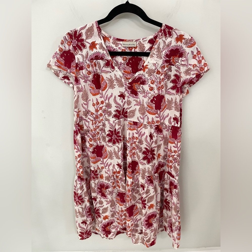 Fitzroy & Willa Popover V Neck Tiered Mini Dress XS Cotton Red Pink Floral 14